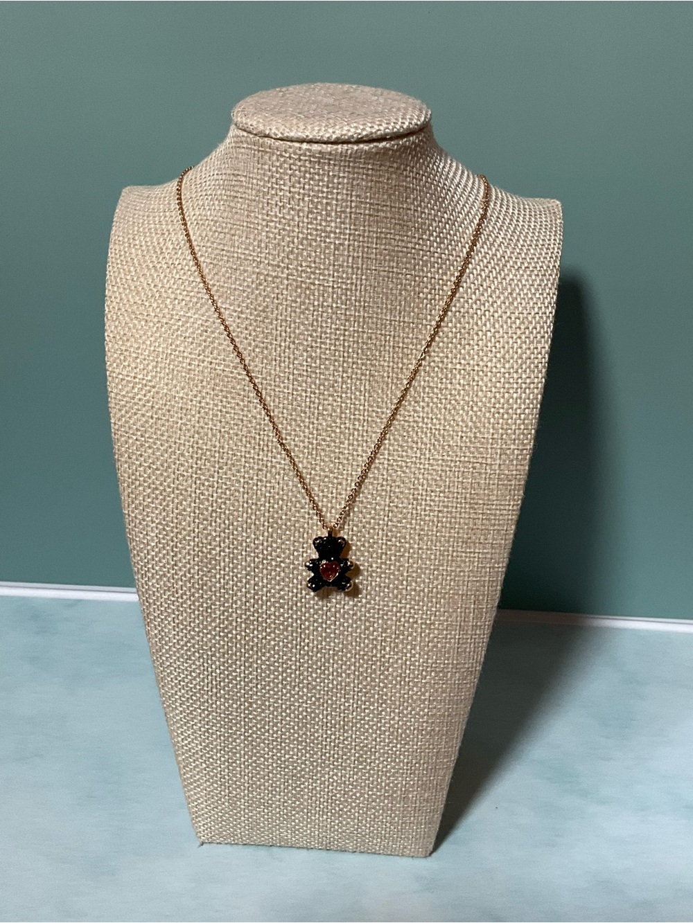 Gold Chain Necklace with Black and Red Teddy Bear Pendant